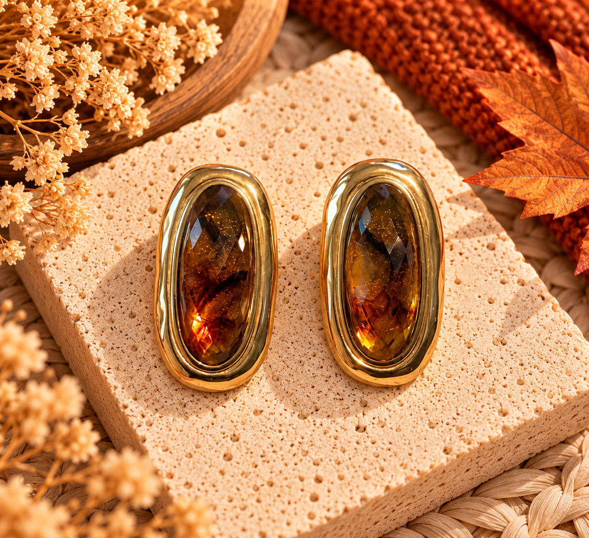 Boucles d’oreilles Ambre – Doré et marron cognac