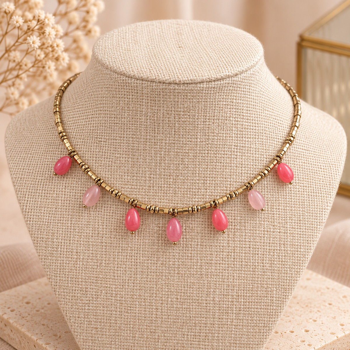 Collier doré à pampilles roses – Acier inoxydable