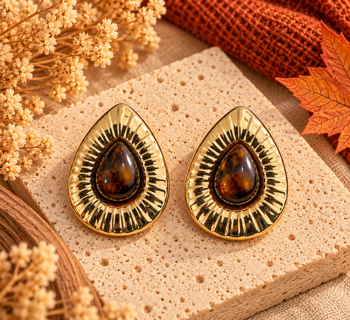 Boucles d’oreilles Élya – Goutte dorée et résine