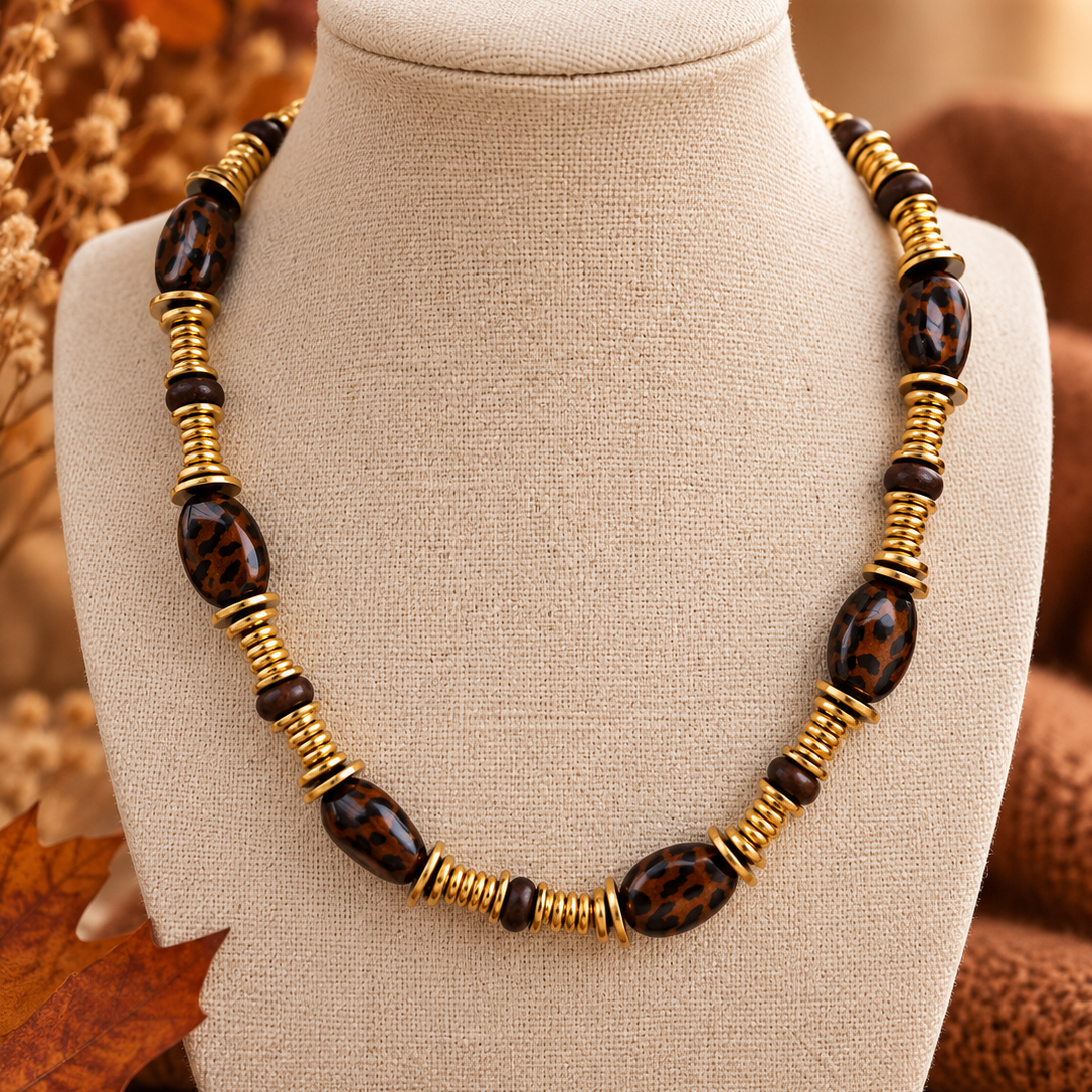 Collier Savana – Acier inoxydable et perles en résine léopard