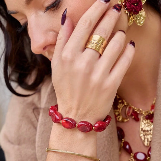 Bracelet Éméra – Perles ovales colorées – Vert ou rouge