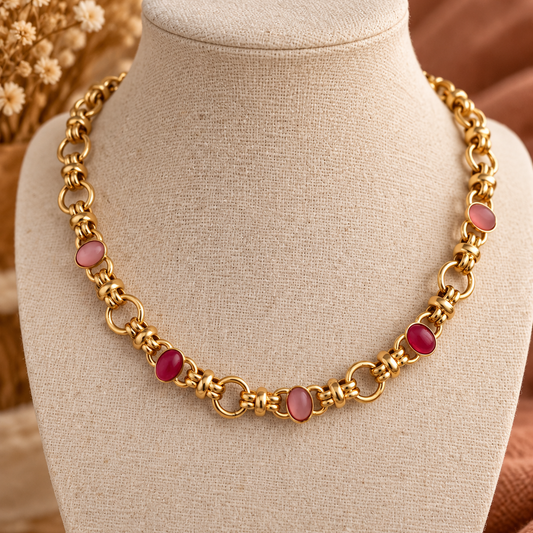 Collier Rosalia – Chaîne dorée aux pierres roses et fuchsia