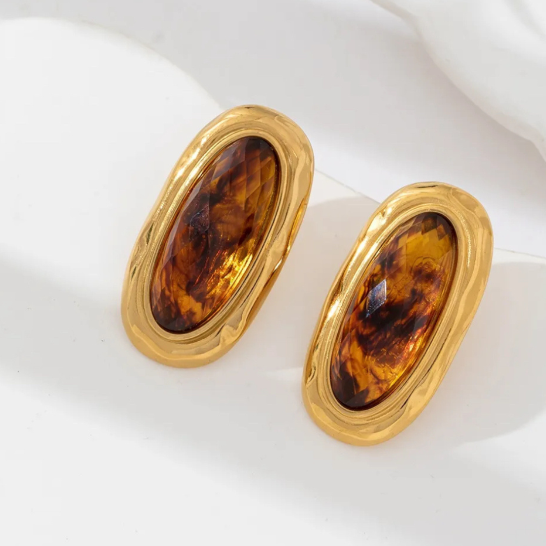 Boucles d’oreilles ovales dorées effet ambre – Bijou femme en acier inoxydable