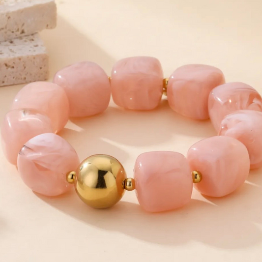 Bracelet Élégance Minérale – Perles Marbrées & Sphère Dorée