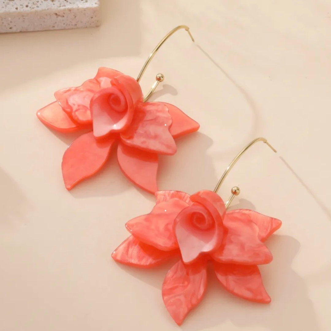 Boucles d’Oreilles Fleur Orange– Résine & Acier Inoxydable