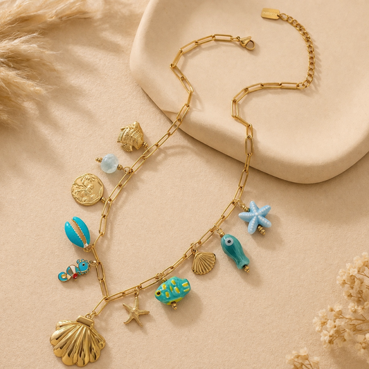 Collier doré charms été coquillages & étoiles – style bord de mer