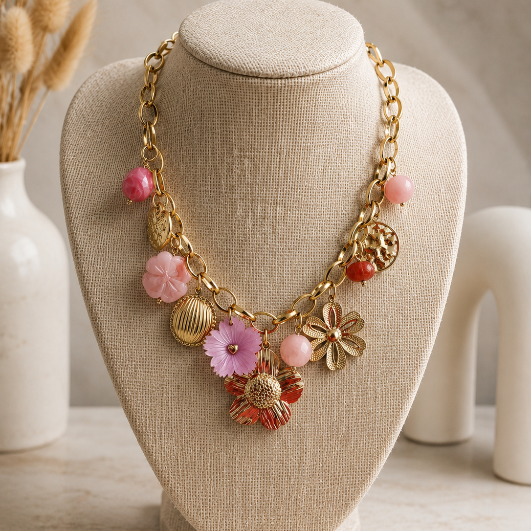 Collier Fleur Doré & Rose Tendance