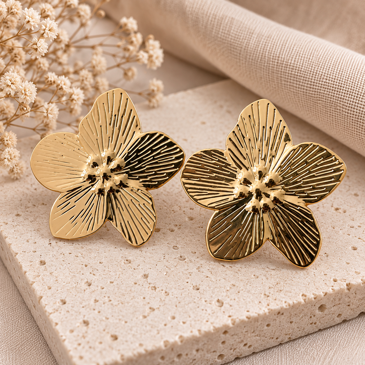 Boucles d’oreilles fleurs dorées gravées – Acier inoxydable
